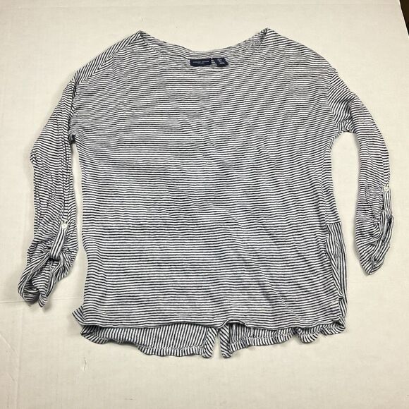 Adrienne Vittadini Womens Linen Back Button Shirt Striped Long Sleeve Top LARGE - Picture 1 of 11